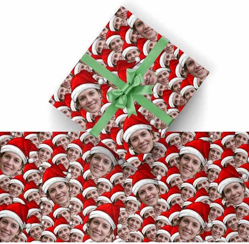 Vista 2 de Papel de regalo personalizado con fotografía, “Merry Christmas” con sombrero de Navidad, papel de regalo personalizado “Happy Birthdays” con nombre