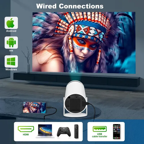 Vista 3 de Mini proyector, proyector portátil HY300 PRO, compatible con 4K 1080P con doble banda WIFI6 5G inalámbrico 5.0 Bluetooth Android 11, rotación