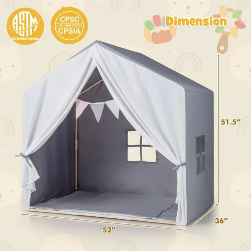 Vista 8 de Costzon Large Kids Tent with Mat, Children's Play Tent w/Flag Banner, Windows, Gauze Curtain, Solid Wood Frame, Indoor Outdoor Kids Playhouse for