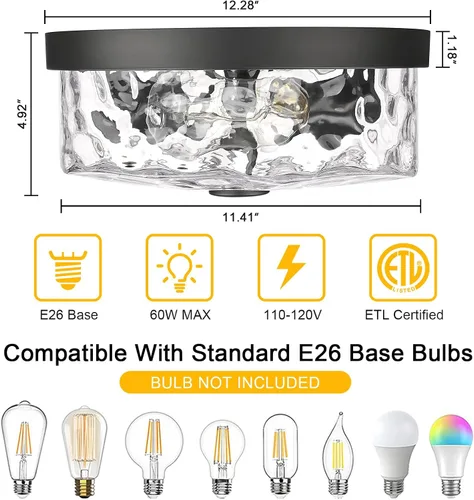 Vista 2 de Lámpara de techo empotrada con pantalla de vidrio ondulado de agua, moderna iluminación de techo de 2 luces para cocina, sala de estar, porche