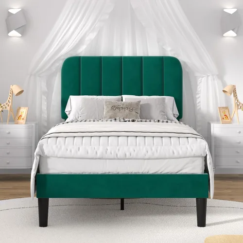 Vista 36 de VECELO Base de cama tapizada de tamaño matrimonial con 4 cajones y cabecero, plataforma de terciopelo, soporte de listones de madera, no necesita