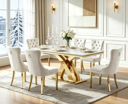 Vista 10 de Henf Mesa de comedor de mármol sintético de 68 pulgadas para 4-6 personas, mesa rectangular moderna con parte superior de mármol blanco y base