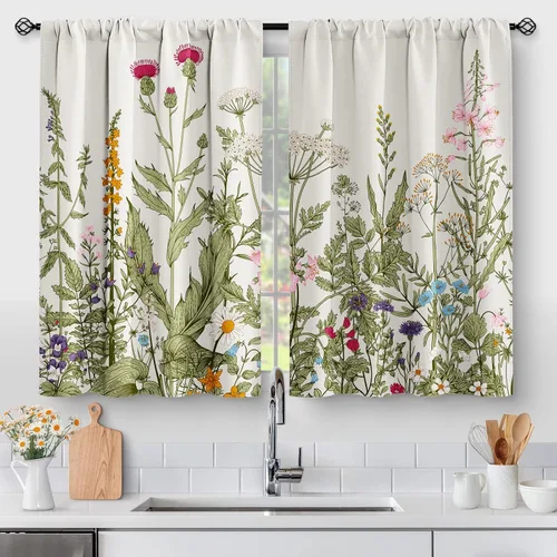 Vista 36 de Aimego - Cortinas de cocina con plantas rústicas y flores de primavera, botánicas, con hojas verdes, cortas, para cafetería, baño, con bolsillo