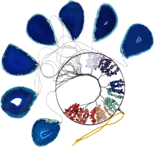 Vista 4 de TUMBEELLUWA Colgante de pared con cristales curativos de 7 chakras, árbol de la vida, rebanadas de ágata, adorno colgante de piedras preciosas