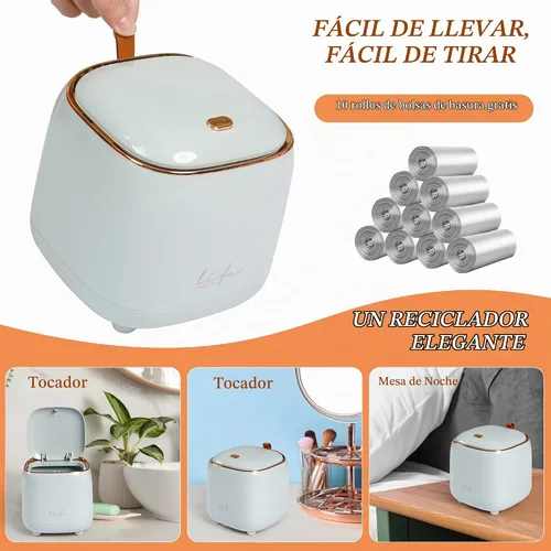 Vista 2 de Mini cubo de basura de encimera con 10 rollos de bolsas de basura, cubo de basura con tapa de presión, cubo de basura de escritorio aplicable