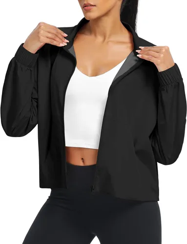 Vista 4 de AVGO Chaquetas deportivas cortas ligeras para mujer, con protección solar, rompevientos impermeables con cremallera