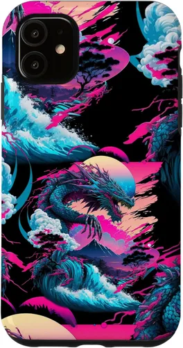 Vista 8 de Dragon Vaporwave Abstract Landscape Moon Tree Waterfall Case for iPhone 17