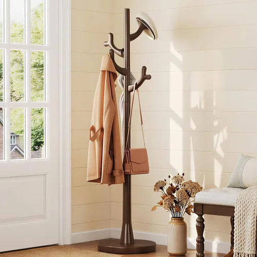 Vista 12 de Perchero negro independiente de madera maciza - Moderno árbol de madera independiente resistente con 7 ganchos creativo de aspecto de rama de árbol