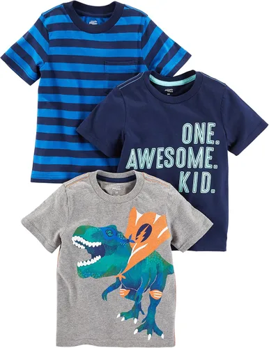 Vista 15 de Simple Joys por Carter's - Paquete de 3 camisetas de manga corta para niños pequeños Coches verde claro/rayas rojas/tiburón blanco