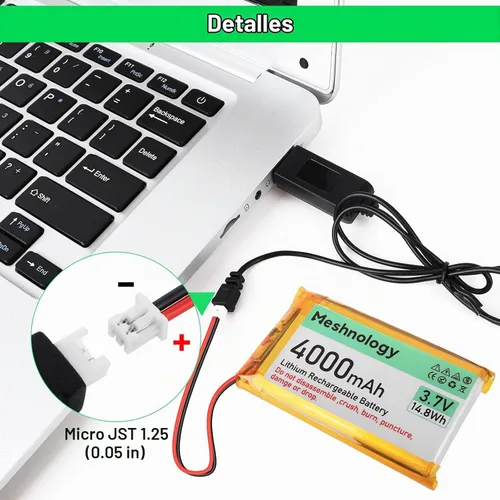 Vista 3 de Batería Li de 3.7 V 4000 mAh con cable de cargador USB 124065 1S LiPo batería con placa de protección, cinta de goma aislada y enchufe micro JST