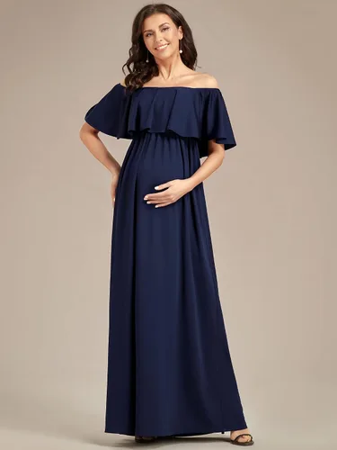 Vista 3 de Ever-Pretty Vestido casual de maternidad con hombros descubiertos y mangas abullonadas con cintura fruncida en una línea hasta el suelo 01802-EY