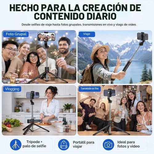 Vista 4 de Trípode desmontable para teléfono de 67 pulgadas, palo para selfie, portátil, extensible, cámara estable, fácil de selfie, con control remoto