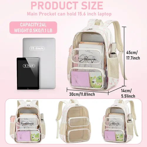 Vista 175 de CAMTOP Mochila transparente resistente y transparente para estudiantes, escuela, trabajo, festival, viajes, deportes, Beige, Mediana, Camtop Mochila