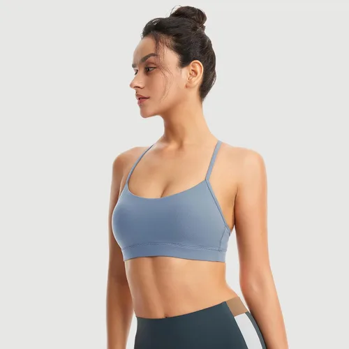 Vista 4 de Sujetadores deportivos acolchados para mujer, brasier deportivo sexy de línea larga entrecruzada, brasier deportivo de soporte medio con tirantes
