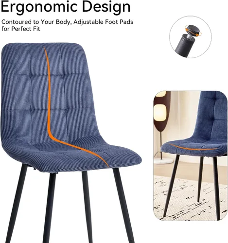 Vista 5 de Juego de 4 sillas de comedor de pana, modernas sillas de cocina tapizadas de tela con patas de metal, almohadillas ajustables, color azul