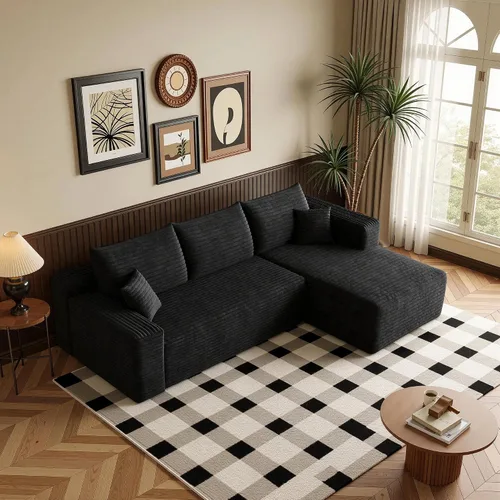 Vista 30 de Sofá modular moderno de 96 pulgadas para sala de estar, sofá modular tapizado sin hueso con bolsillos, cómodo sofá nube con diván en forma de L Negro
