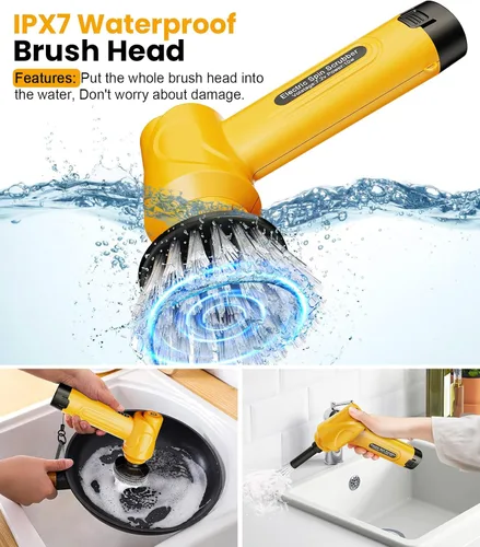Vista 6 de qimedo Battery Electric Spin Scrubber Q4, Handheld Scrubber for Cleaning with Display, Power Dish Scrubber with 5 Heads, Shower Cordless Cleaning