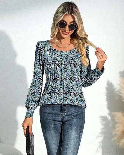 Vista 3 de Blusa plisada de manga larga abombada para mujer, cuello redondo, elegante, casual, holgada, para verano y otoño