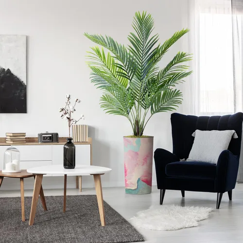 Vista 33 de Árbol artificial con diseño de hojas blancas y negras, palmera tropical areca artificial de seda para decoración del hogar en interiores y Diseño