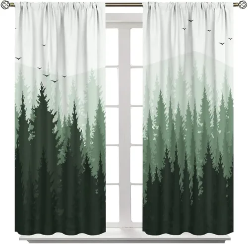 Vista 4 de Cortina de ventana de bosque brumoso, cortina negra escénica, bosque tropical, pinos, paisajes naturales verdes para dormitorio, cocina, cafetería