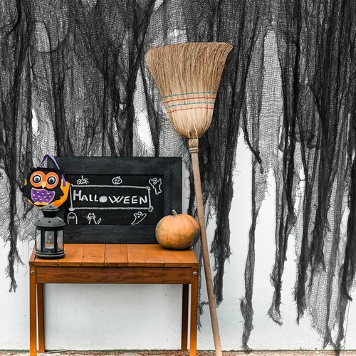 Vista 5 de Tela espeluznante de Halloween de 200 x 59 pulgadas, decoraciones de Halloween espeluznantes negras, gasa espeluznante de gran