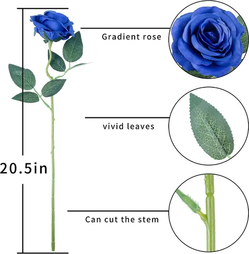 Vista 7 de 10 ramos de rosas artificiales de seda de color azul real, de un solo tallo largo, de terciopelo de tacto real, para decoración del hogar, oficina