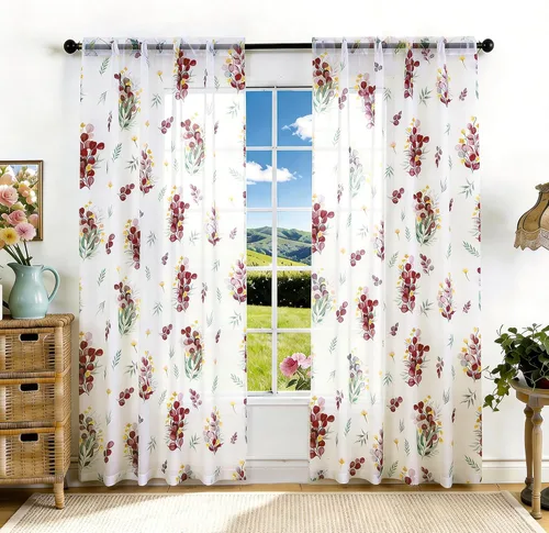 Vista 18 de youleyar - Cortinas florales transparentes para sala de estar, 54 pulgadas Cortina semitransparente blanca con estampado de flores/mariposas