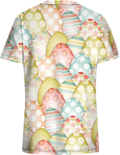 Vista 5 de Flower Print T Shirt for Women Fall Summer Short Sleeve V Neck Work Scrub Easter Tops T Shirt Women 2023 Fashion