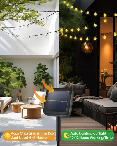 Vista 6 de LORRYTE - Paquete de 2 tiras de luces solares de globo de 64 pies, 100 luces LED para exteriores, color blanco cálido Crystal Globe Patio Lights