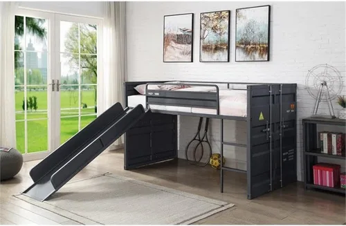 Vista 2 de Acme Cama tipo loft de metal doble tipo cargo con sistema de tobogán y listones en bronce