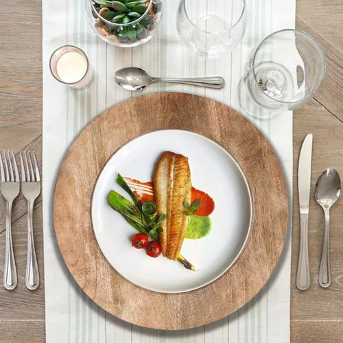 Vista 13 de Lightnpro - Platos redondos de madera de acacia, platos para aperitivos, mesa central, platos de servicio para ensalada, sándwiches, hamburguesas