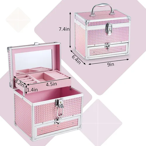 Vista 7 de Hododou Joyero organizador para niñas con cajón y espejo estuche de almacenamiento con cerradura estilo rosa brillante para niños o niñas pequeñas