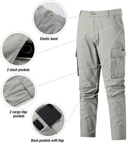 Vista 5 de JMIERR Pantalones cargo para hombre, casuales, de algodón, ajuste relajado, cintura elástica, ligeros, con múltiples bolsillos