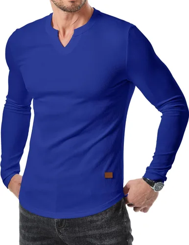 Vista 12 de JMIERR Camisetas de manga larga para hombre, estilo casual, cuello en V Negro+Blanco