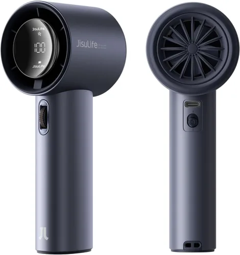 Vista 14 de JISULIFE Ventilador de mano Serie Pro - Salida de enfriamiento extrema: rueda de desplazamiento de 1-100 velocidades, cuerpo de metal, pantalla Gris