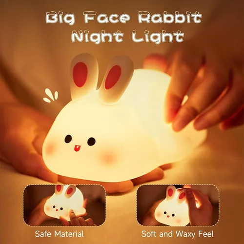 Vista 6 de Luz Nocturna de Conejo de Cara Grande, Adorable Lámpara Nocturna LED de Conejito, Luz Nocturna de Guardería de Silicona Regulable para Niñas, Luces