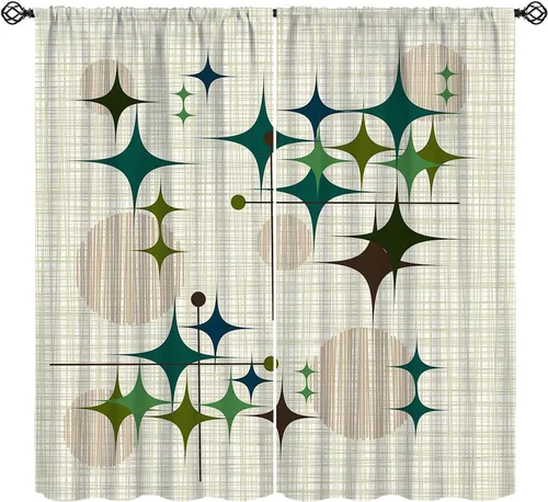 Vista 14 de Cortina de Ventana de Mediados de Siglo con Explosiones de Estrellas, Cortinas con Estampado de Inspiración Atómica para Sala de Estar Dormitorio