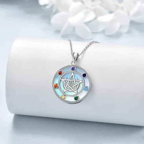 Vista 34 de LUHE Collar de plata de ley con dije de pentagrama de chakras y luna, pentáculo, celta, pagano, wiccano, amuleto mágico para mujeres, adolescentes