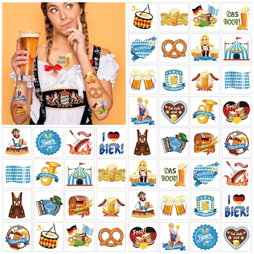 Vista 3 de HOWAF Tatuajes temporales para el Oktoberfest, 72 tatuajes falsos para niños, calcomanías impermeables para suministros de festivales de cerveza