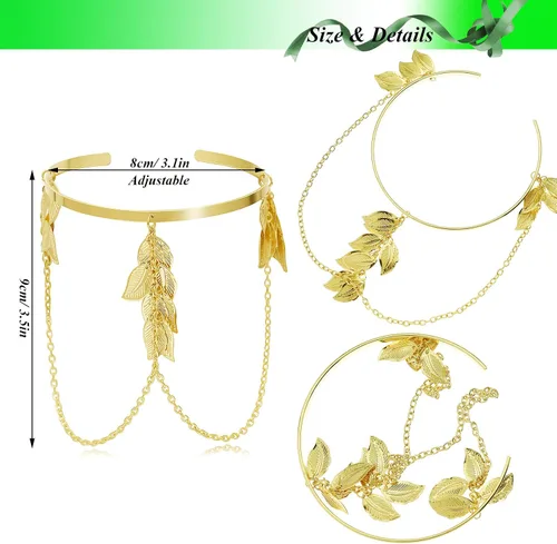 Vista 6 de RechicGu 2 piezas de cadena de plumas de hojas con borlas de pulsera, brazalete de brazo abierto, parte superior abierta, conjunto ajustable