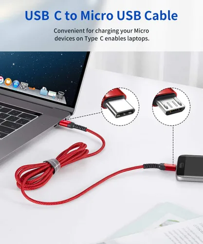 Vista 2 de JSAUX Cable USB C a Micro USB de 6.6 pies, cable trenzado tipo C a micro USB, cargador trenzado, compatible con carga y sincronización compatible