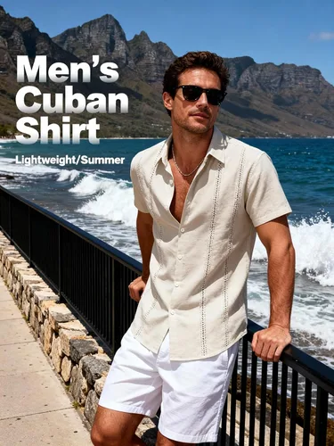 Vista 4 de JEMITOP Camisa de guayabera cubana para hombre, casual, con botones, manga corta, para verano, crucero, playa, vacaciones
