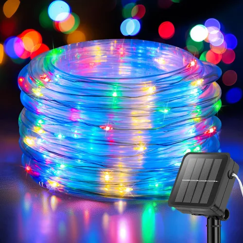 Vista 14 de ANJAYLIA Cuerda de luces solares de 33 pies con 100 luces LED para exteriores, impermeable, funciona con energía solar con 8 modos para exteriores