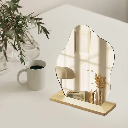 Vista 3 de Espejo de tocador estético irregular, espejo de mesa decorativo de acrílico sin marco con soporte de madera, espejo de maquillaje funky para sala