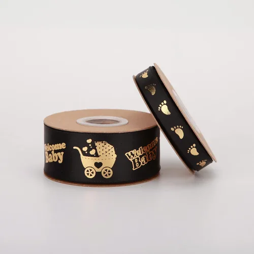 Vista 7 de Meseey 2 rollos en total de 20 yardas de cinta de bienvenida para bebé, cintas negras y doradas con estampado de pies para manualidades, pasteles