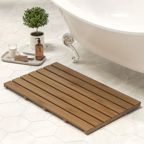 Vista 10 de Tapete de baño para ducha de lujo, antideslizante, de madera de bambú, impermeable, para uso en interiores o exteriores (negro)