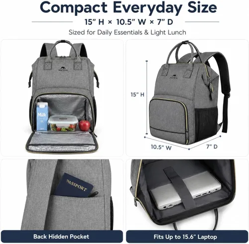 Vista 2 de MATEIN Insulated Lunch Backpack for Women, 15.6 Inch Laptop Backpack, Grey Gris
