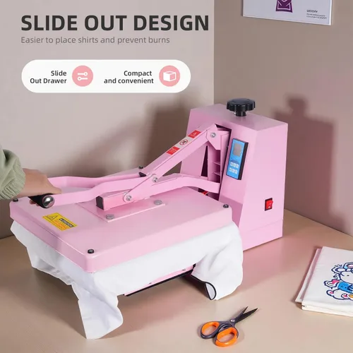 Vista 3 de Máquina manual de prensa térmica de 15 x 15 pulgadas, con base deslizante, rosa para camisetas prendas de vestir bolsa textil cortina mousepad