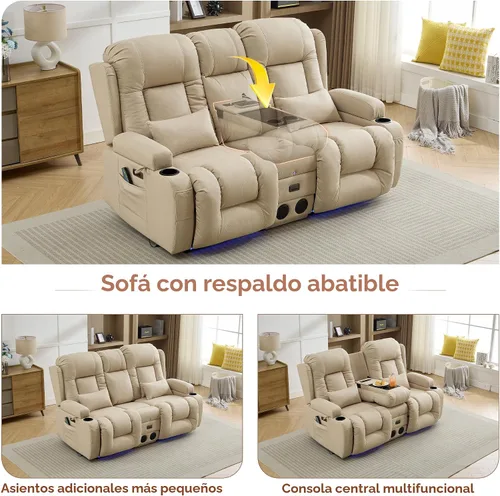 Vista 6 de TUNYI Wall Hugger - Sofá reclinable con consola, sofá biplaza reclinable eléctrico para autocaravana con masaje y Beige