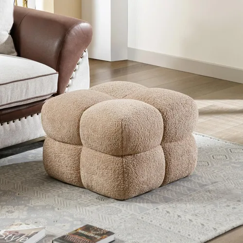 Vista 11 de ONEVOG Otomana moderna beige, puf otomana cuadrado divertido de 21 pulgadas, reposapiés tapizado de tela de lino, mesa de centro pequeña